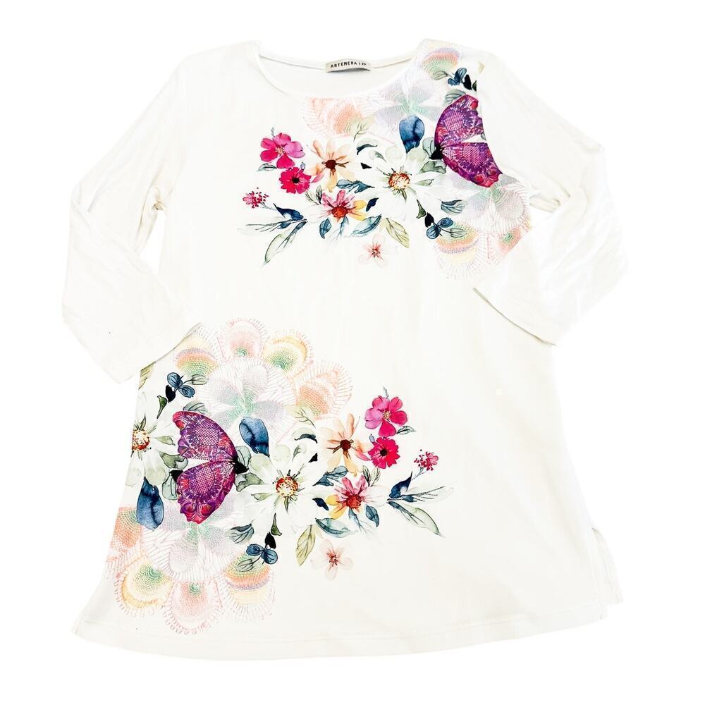 Artemerai Flower Patterned White 3/4 Long Sleeve Shirt Size XS Mint